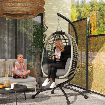 Outdoor Swing Chair with Thick Padded Cushion, Patio Hanging Egg Chair with Metal Stand, Foldable Basket, Cup Holder