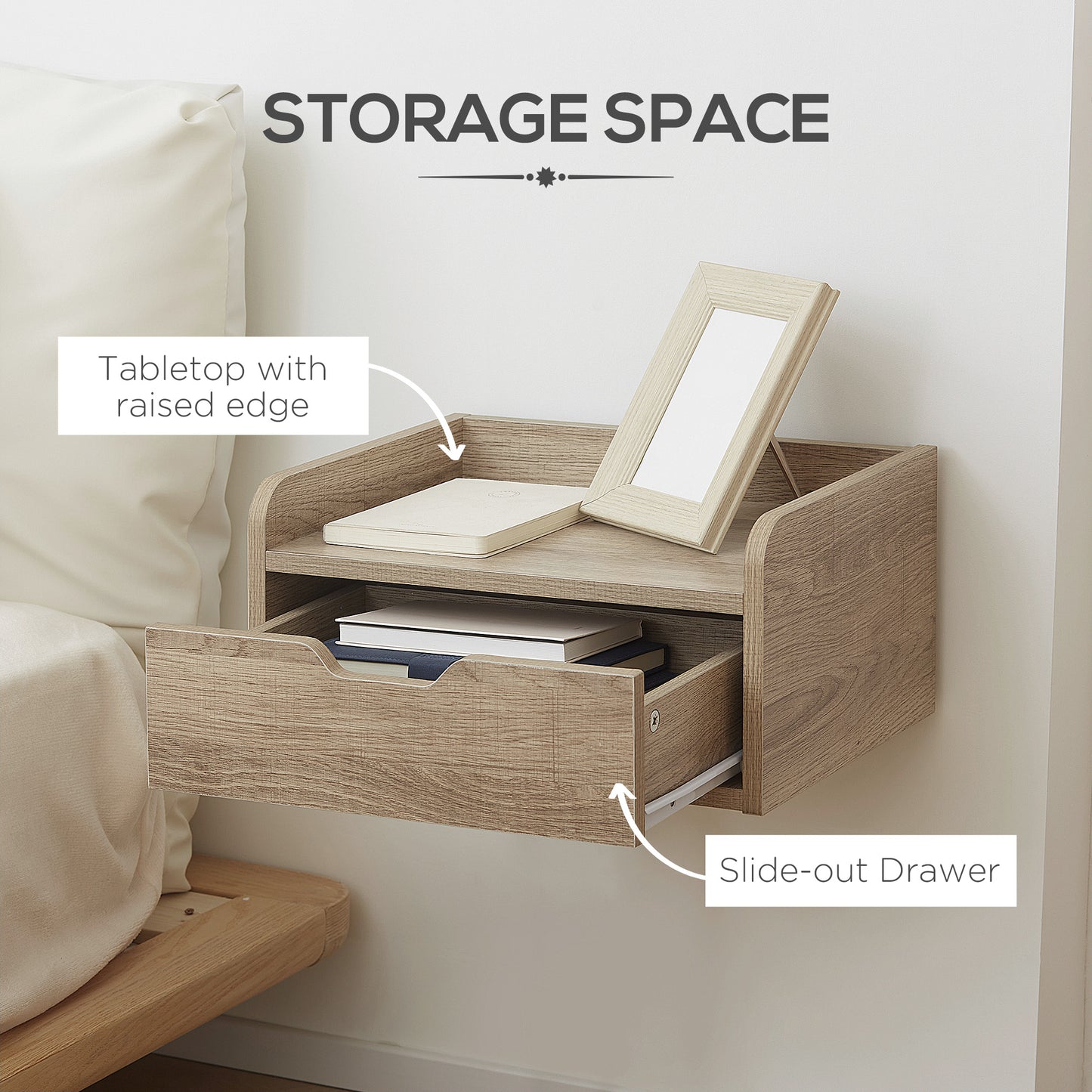 Floating Nightstands Set of 2, Wall Mounted Bedside Table with Drawer for Bedroom, Natural