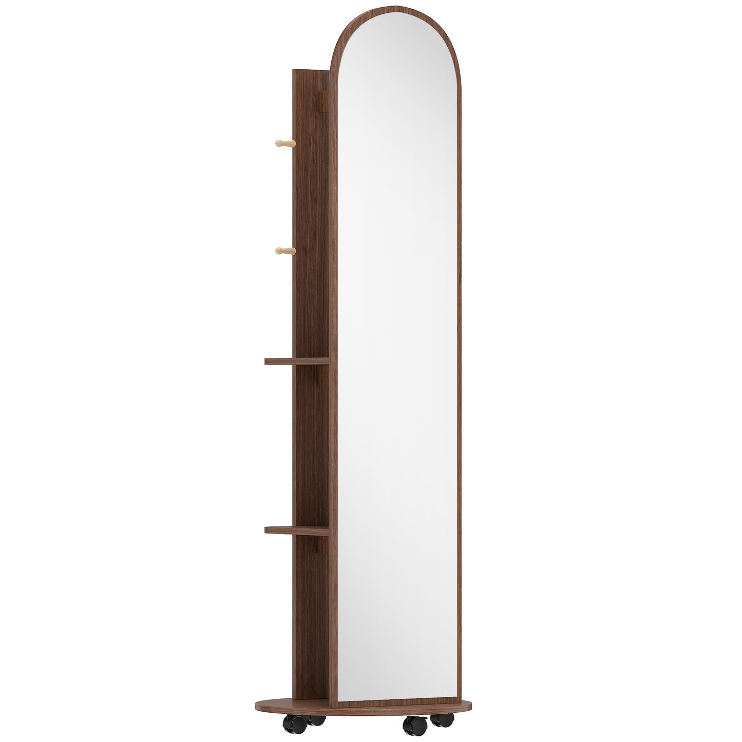 2-in-1 Full Length Mirror with Storage Shelves, Floor Mirror with 4 Wheels, Coat Rack, Hooks, Brown Wood Effect