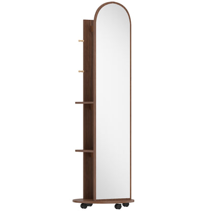 2-in-1 Full Length Mirror with Storage Shelves, Floor Mirror with 4 Wheels, Coat Rack, Hooks, Brown Wood Effect