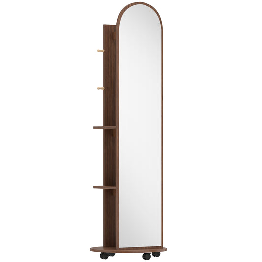 2-in-1 Full Length Mirror with Storage Shelves, Floor Mirror with 4 Wheels, Coat Rack, Hooks, Brown Wood Effect