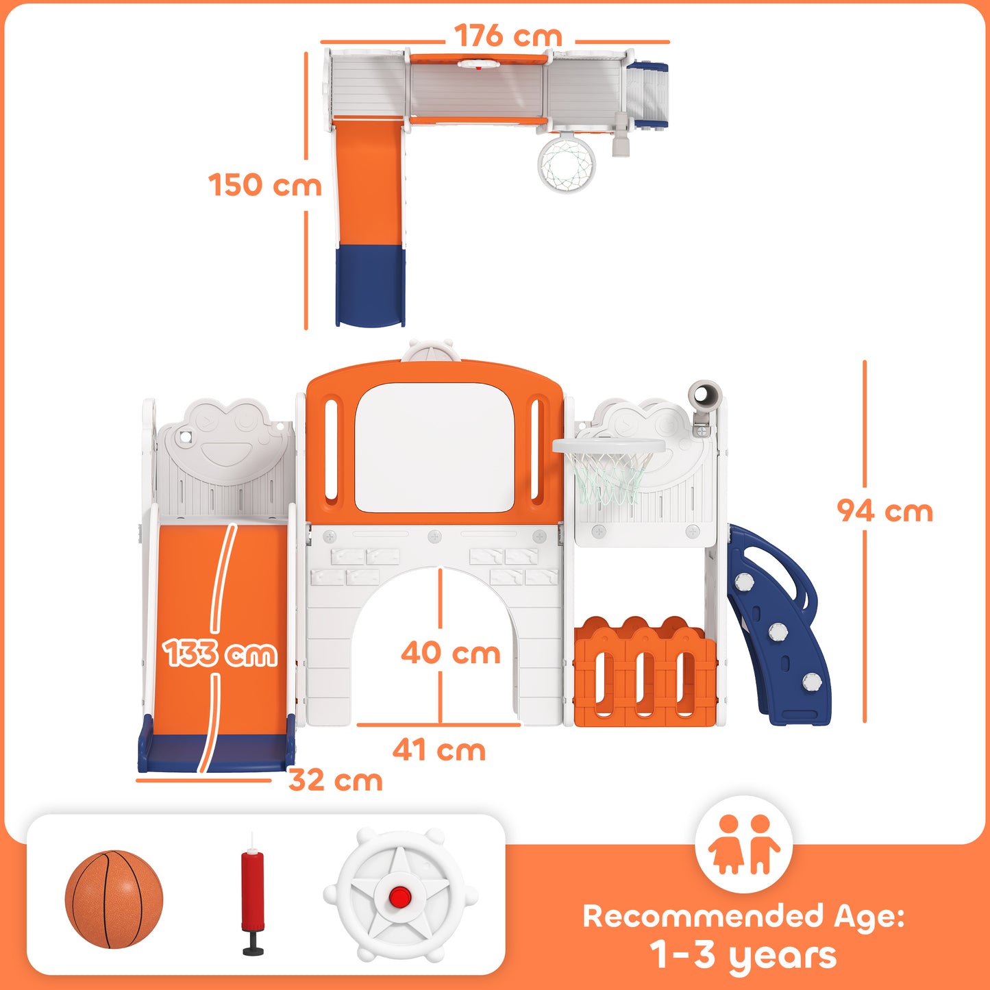 7 in 1 Toddler Slide Set with Basketball Hoop, Climbing Frame, Telescope, Drawing Board, Storage Box, Orange
