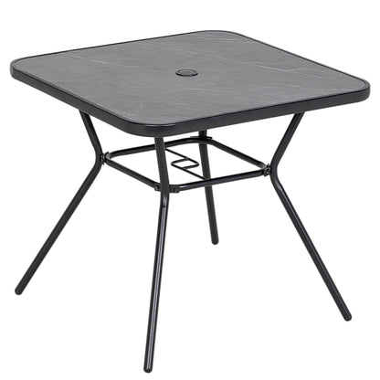 Square Outdoor Table, Patio Bistro Coffee Table with Faux-marbled Top and 42mm Umbrella Hole for Garden