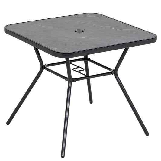 Square Outdoor Table, Patio Bistro Coffee Table with Faux-marbled Top and 42mm Umbrella Hole for Garden