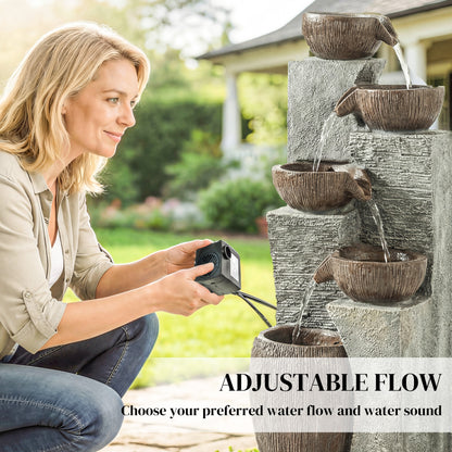 Outdoor Fountain with 5-Tier, Garden Fountain with LED Lights, Adjustable Flow, Grey and Rustic Brown