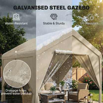 3 x 3 m Patio Gazebo with Netting & Curtains, Outdoor Canopy Shelter with Galvanised Steel Frame, Khaki