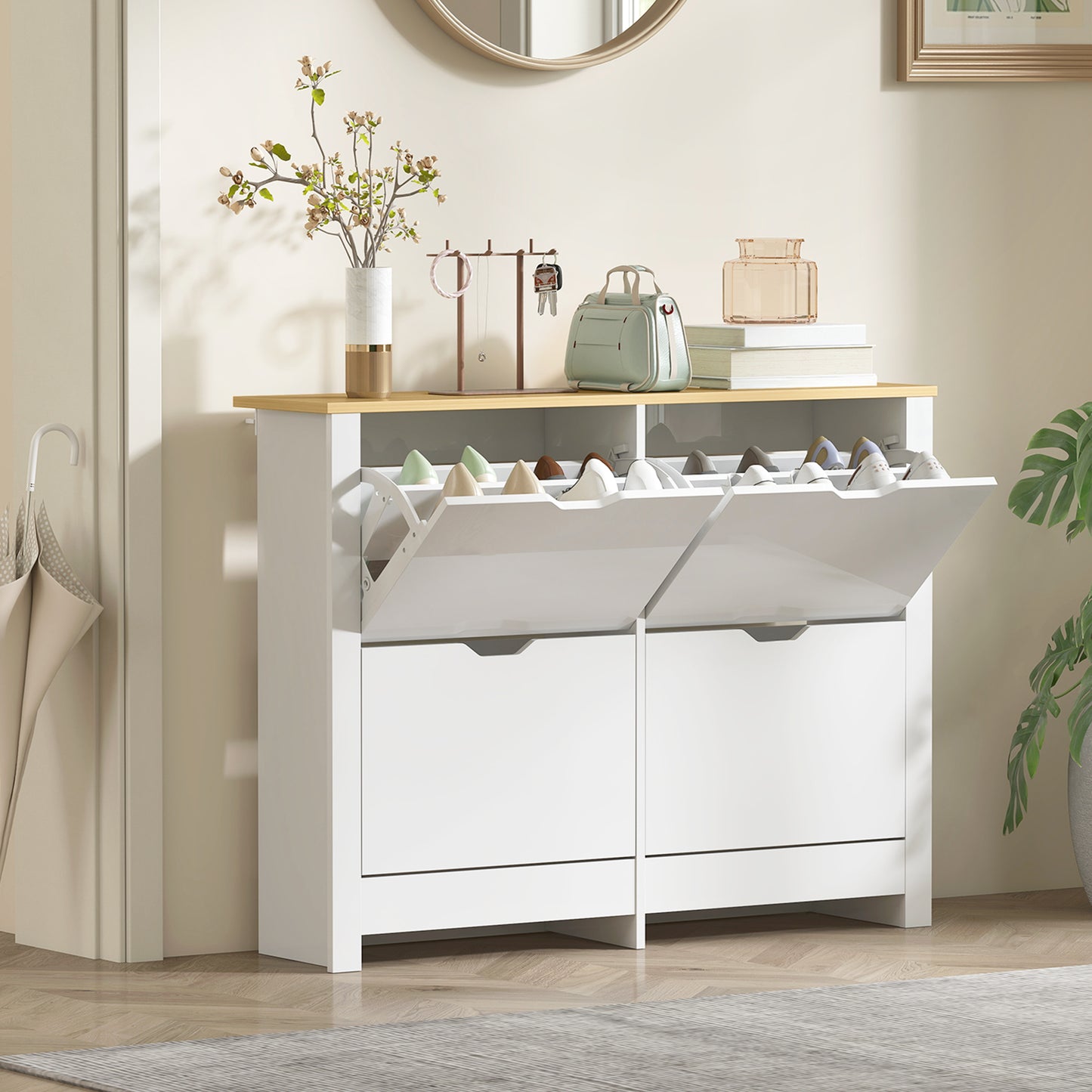 Slim Shoe Cabinet, Narrow Shoe Cupboard with 4 Flip Drawers, Adjustable Shelves for 16 Pairs of Shoes, White