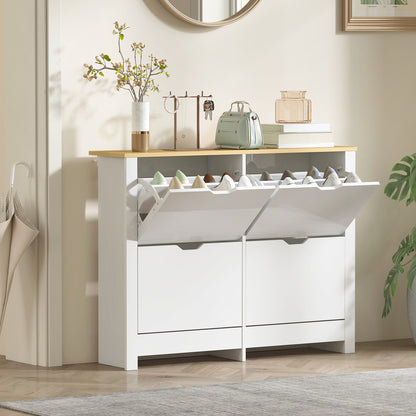 Slim Shoe Cabinet, Narrow Shoe Cupboard with 4 Flip Drawers, Adjustable Shelves for 16 Pairs of Shoes, White