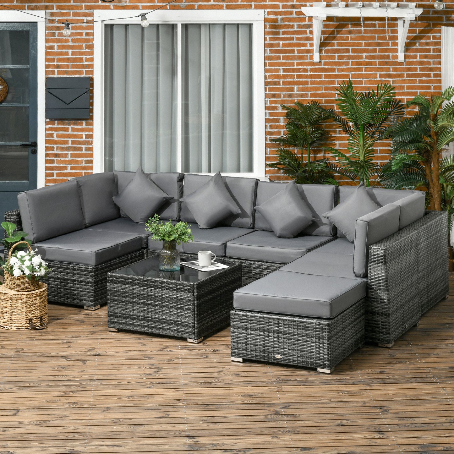 8 Pieces PE Rattan Corner Sofa Set, Outdoor Garden Furniture Set, Patio Wicker Sofa Seater w/ Cushion