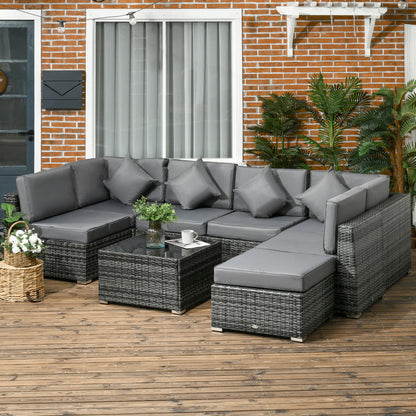 8 Pieces PE Rattan Corner Sofa Set, Outdoor Garden Furniture Set, Patio Wicker Sofa Seater w/ Cushion