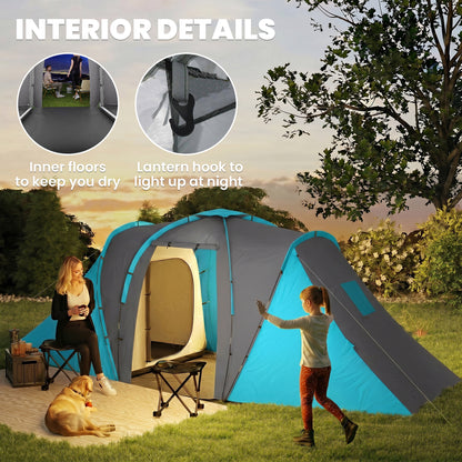 Large Camping Tent Tunnel Tent with 2 Bedroom and Living Area, 2000mm Waterproof, Portable with Bag for 4 Man, Blue