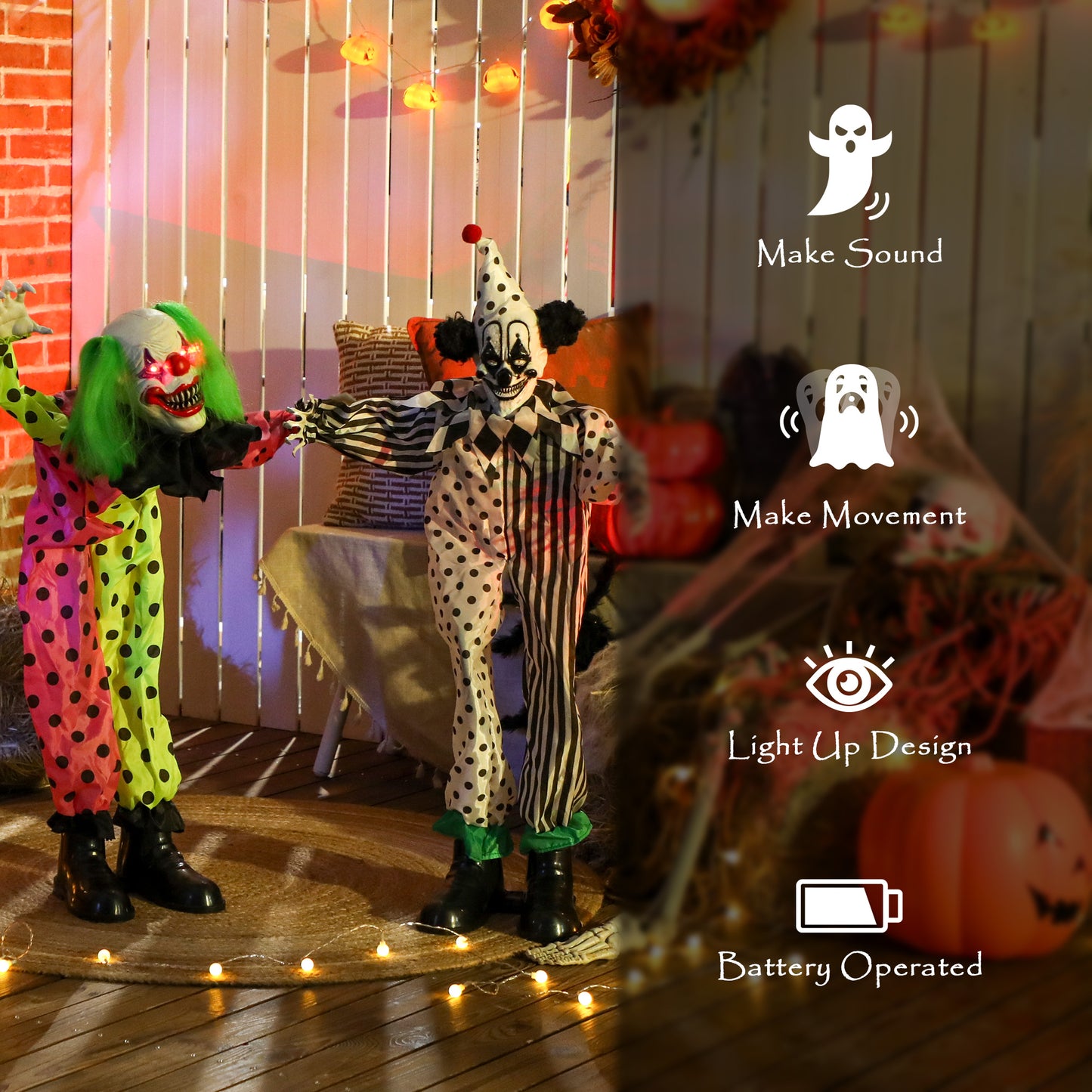 Life Size Stackable Halloween Animated Clown with Red Light Up Eyes, Sound Activated Scary Halloween Decorations
