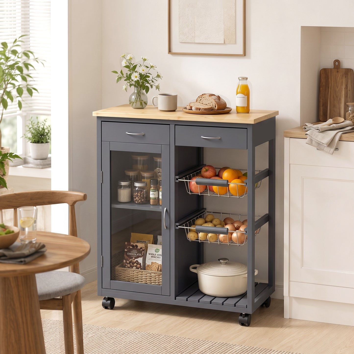 Bamboo Kitchen Island, Rolling Kitchen Trolley with Glass Door, 2 Metal Wire Baskets and Adjustable Shelf, Grey