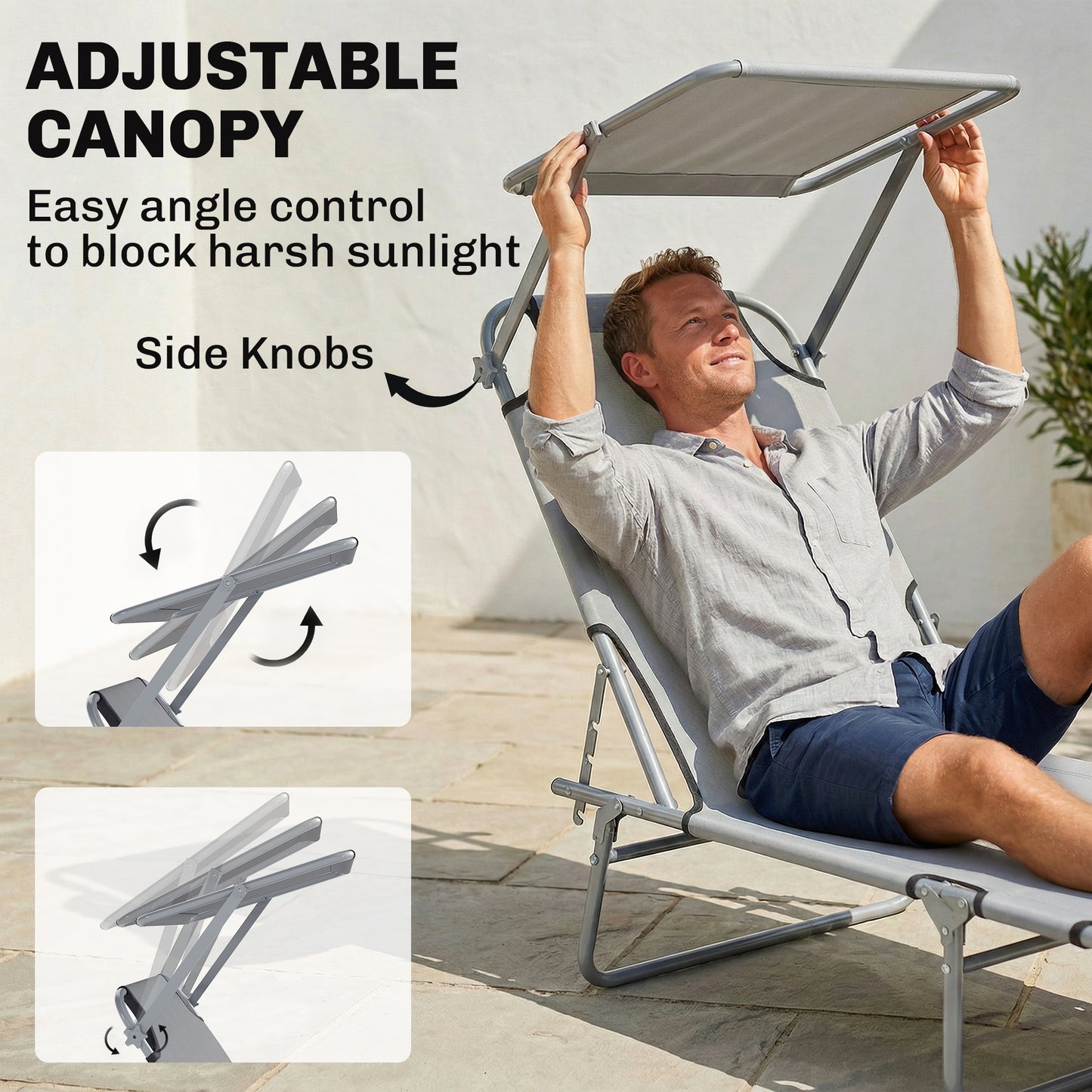 Folding Sun Lounger with Canopy, Reclining Sunbed with 4-Position Adjustable Backrest, 600D Oxford Cloth