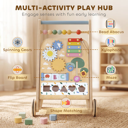 Wooden Baby Walker, Toddler Push Along Walker with Speed Control, Activity Centre and 5 Blocks for 18 Months+, Natural