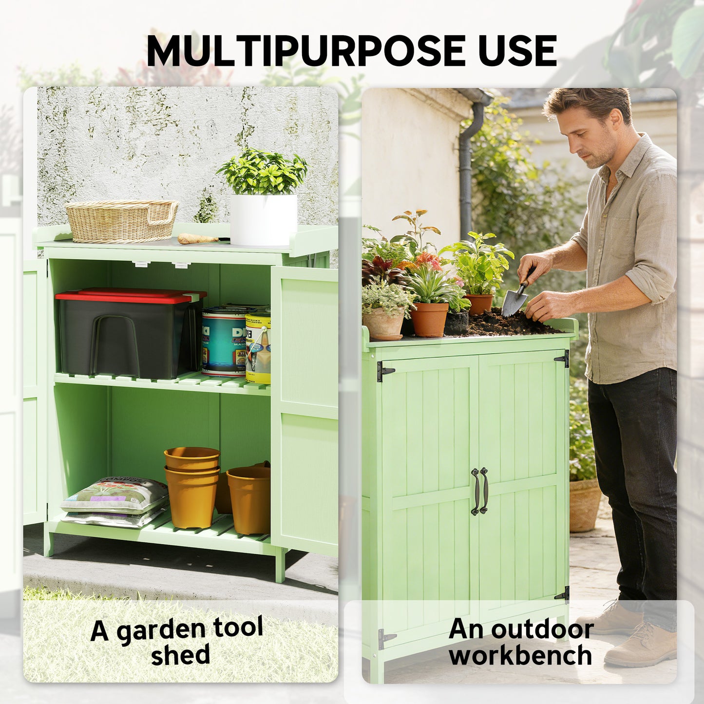 Wooden Garden Shed, Garden Tool Storage Shed with Hinged Roof and Shelf, Outdoor Storage Cabinet with Double Doors