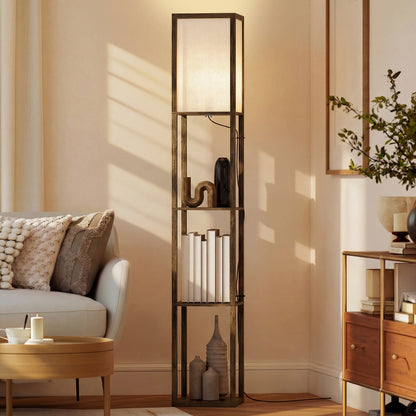 3-Tier Floor Lamp with Shelves – Brown