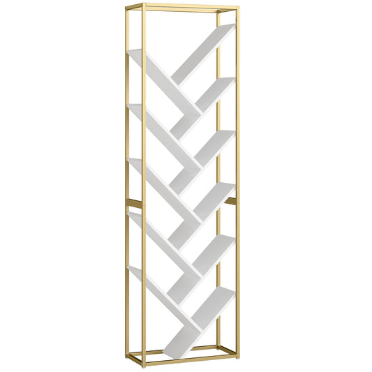 10 Shelf Modern-Style Bookshelf - Gold Tone/White