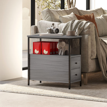 Side Table, Narrow Bedside Table with 2 Drawers and Storage Shelf, Industrial End Table with Metal Frame for Small Spaces