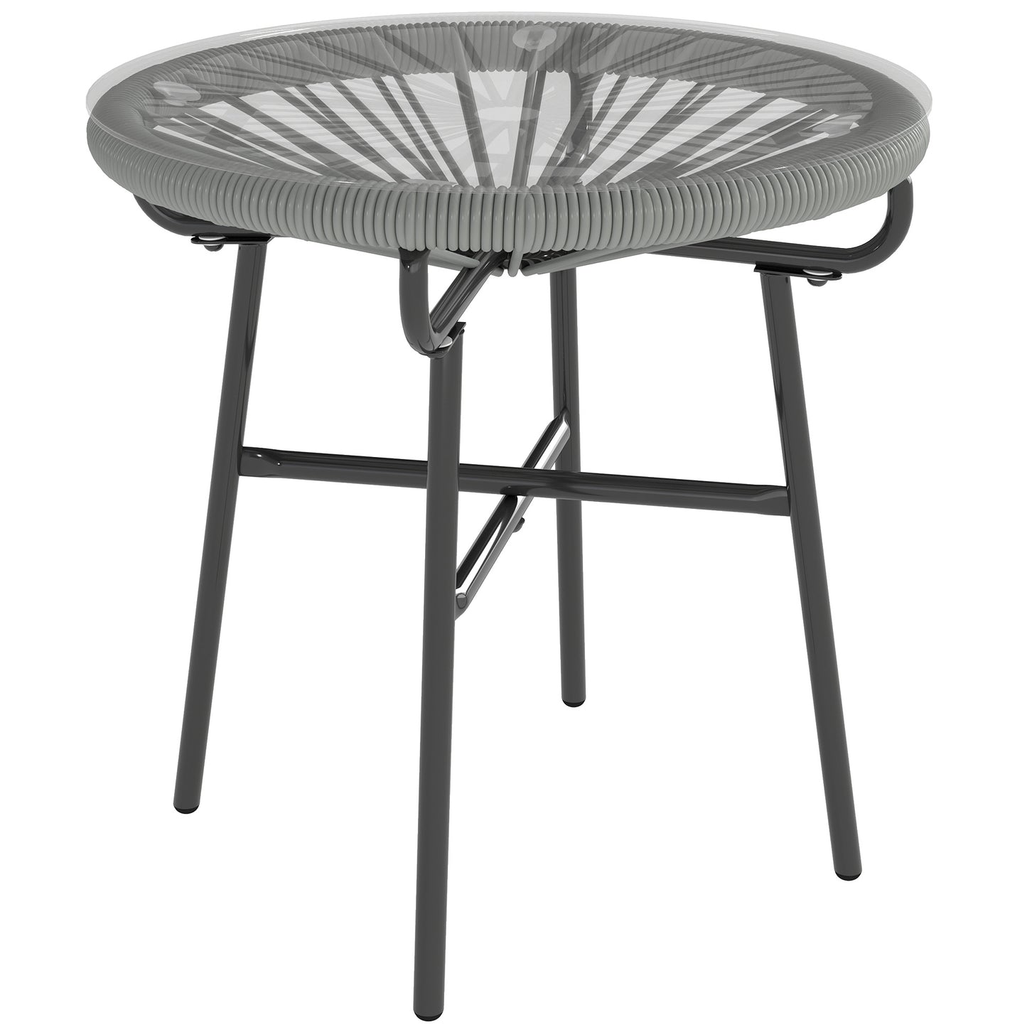 Rattan Side Table, Round Outdoor Coffee Table, with Round PE Rattan and Tempered Glass Tabletop, Light Grey