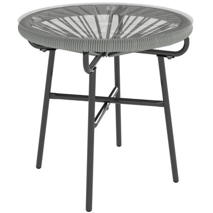 Rattan Side Table, Round Outdoor Coffee Table, with Round PE Rattan and Tempered Glass Tabletop, Light Grey