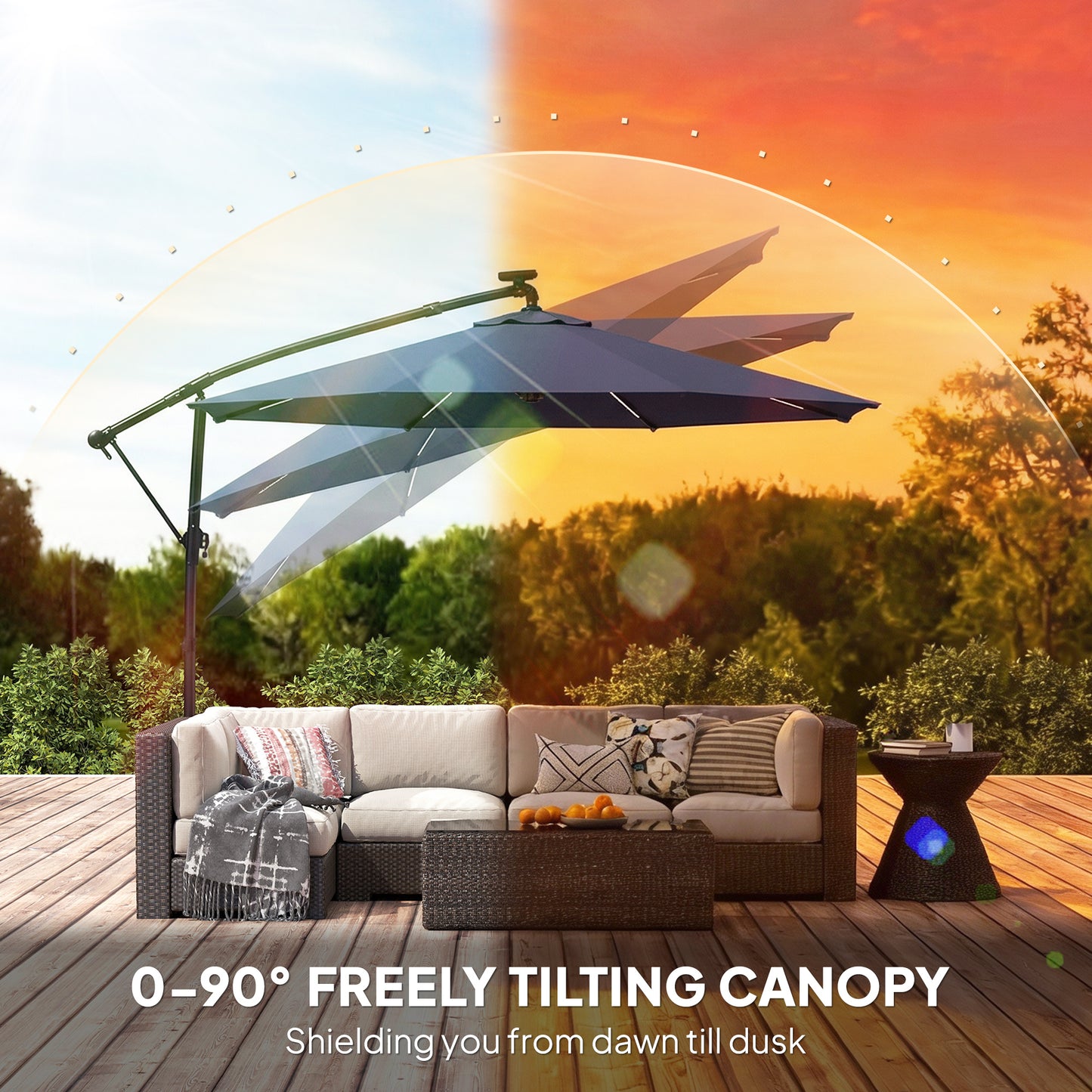 3 m Garden Cantilever Parasol with LED Solar Light, Round Overhanging Umbrella with 360° Rotation, Cover, Navy Blue