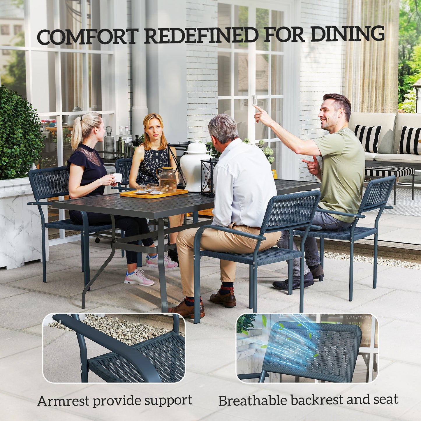 Garden Chairs Set of 4, Stackable Rattan Effect Dining Chairs with Armrest