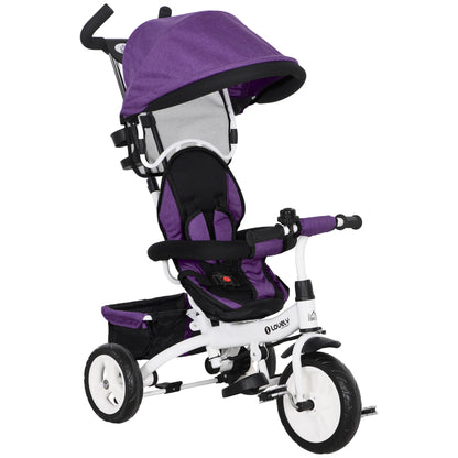 6 in 1 Kids Trike Push Bike w/ Push Handle, Canopy, 5-point Seat Belt, Storage, Footrest, Brake, for 1-5 Years, Purple