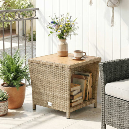 Side Table 2-Tier Outdoor Coffee Table with Storage Shelf PS Wood Slat Top/Khaki