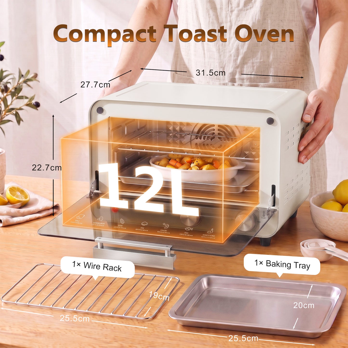 Mini Oven, Small Toaster Oven with Glass Door, Adjustable Temperature and Timer, Accessory Included, 750W, Cream White