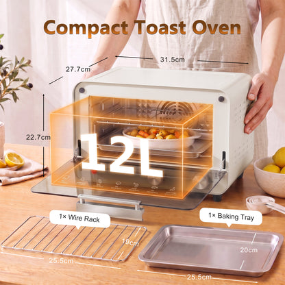 Mini Oven, Small Toaster Oven with Glass Door, Adjustable Temperature and Timer, Accessory Included, 750W, Cream White