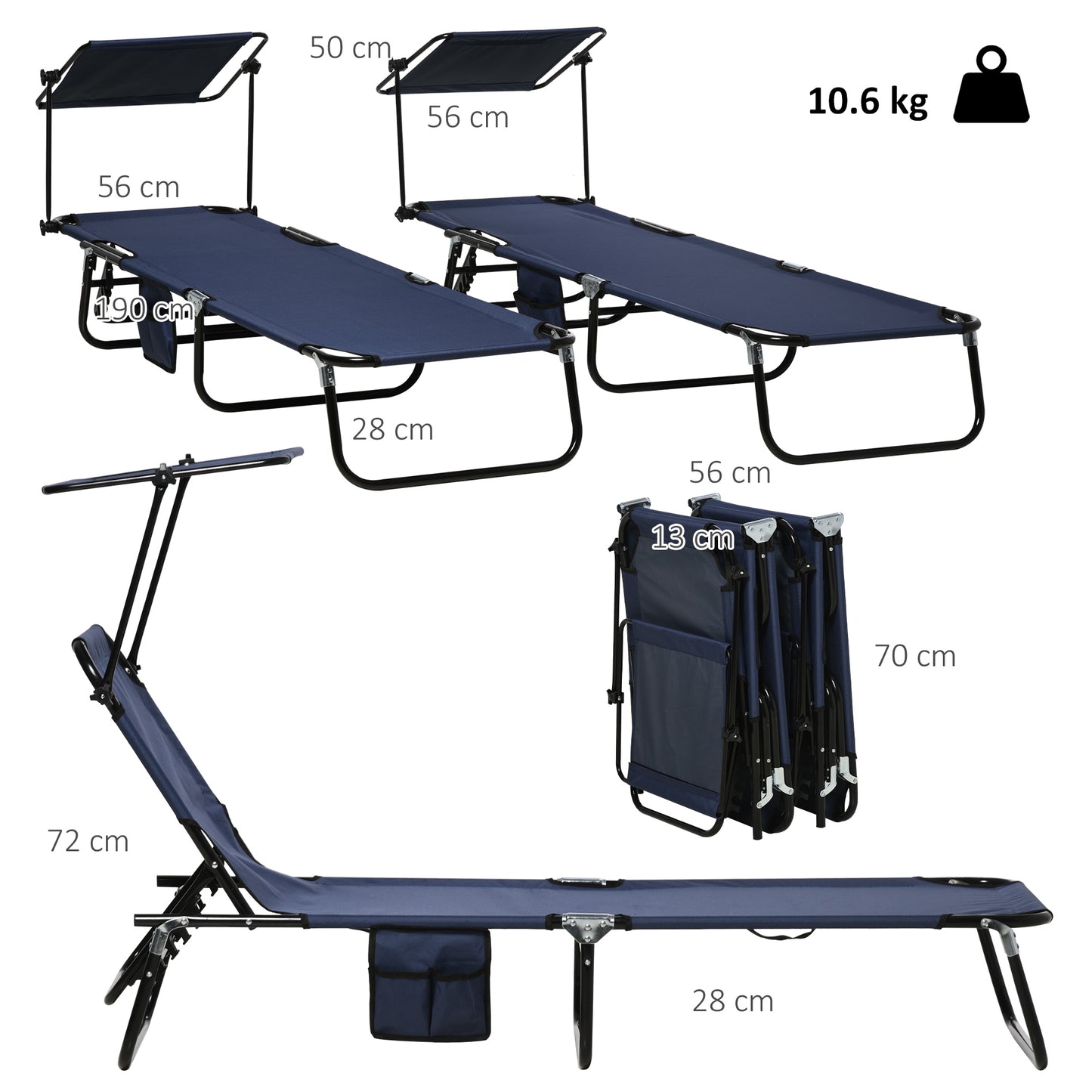 Set of Two Folding Sun Loungers, with Adjustable Backs and Sun Canopies - Dark Blue