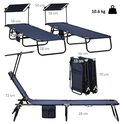 Set of Two Folding Sun Loungers, with Adjustable Backs and Sun Canopies - Dark Blue