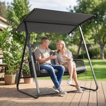 2-Seater Rattan Swing Chair, Outdoor Garden Hanging Swing Seat with Stand, Adjustable Canopy and Soft Cushions
