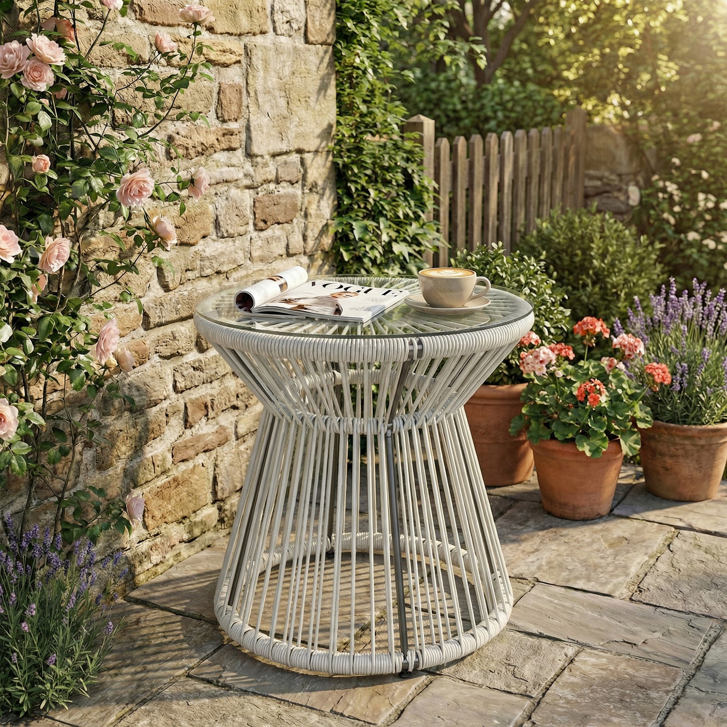 Rattan Outdoor Coffee Table, PE Rattan Wicker Bistro Side Table with Tempered Glass Top, Light Grey