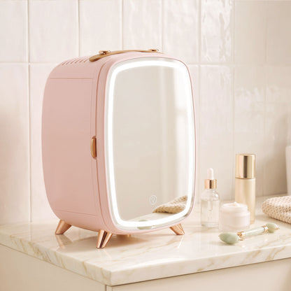 Skincare Refrigerator, 6L Mini Cosmetic Fridge with LED Mirror, Cooling Function for Bedroom, Skincare, Office, Pink