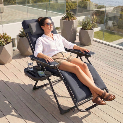 Zero Gravity Chair, Folding Sun Lounger Reclining Garden Chair with Arm Pads, Cushion, Cup Holder, Headrest, Dark Grey