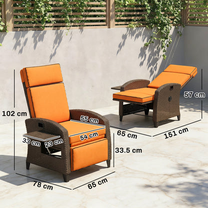 Garden Recliner with Cushion, Outdoor Recliner Chair with Adjustable Backrest & Footrest, Side Tray, Orange