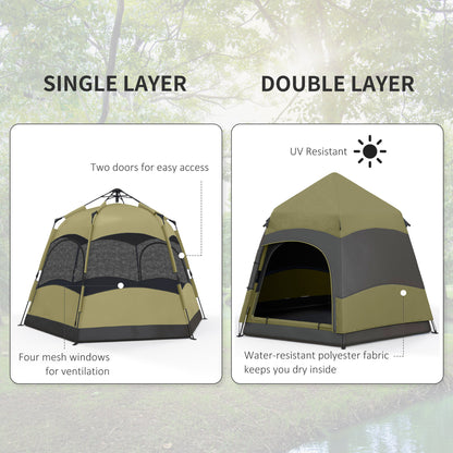 4 Man Hexagon Camping Tent with Hang Hook and Carry Bag - Dark Green and Light Grey