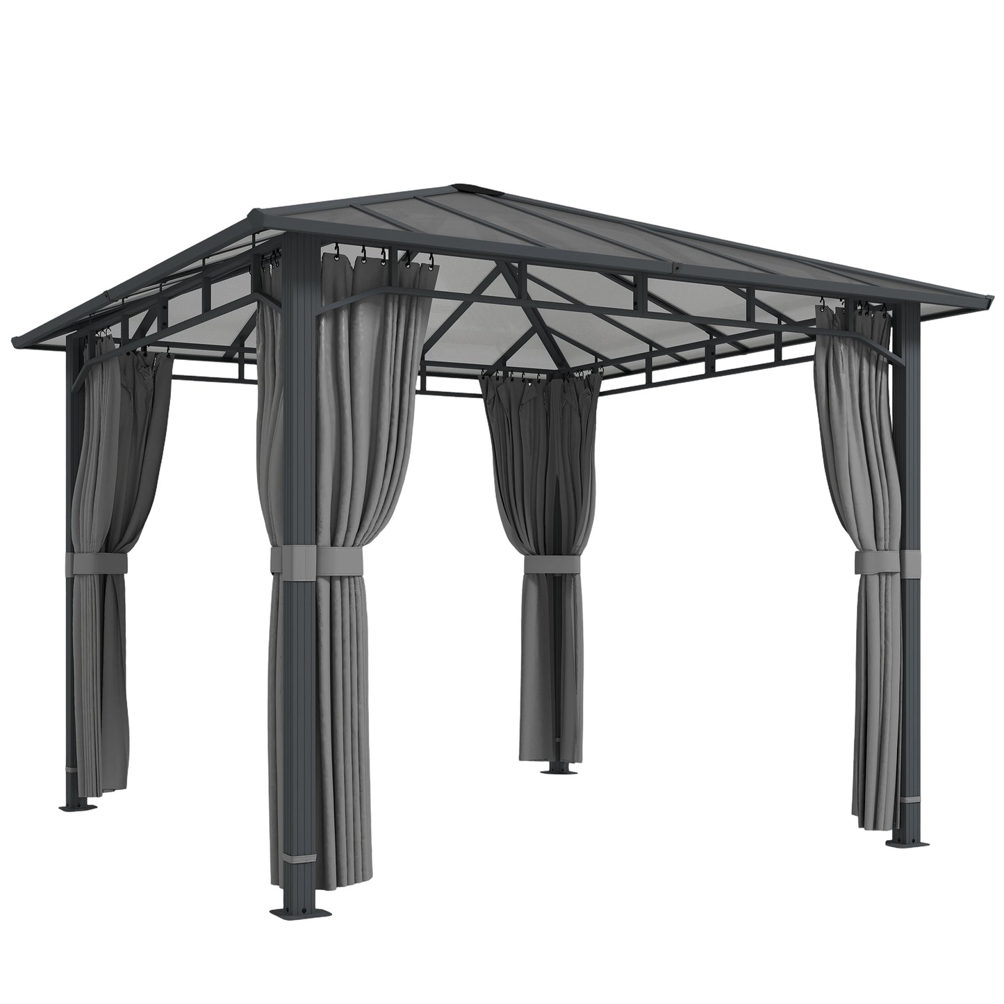 3 x 3 m Outdoor Hardtop Gazebo Canopy with PC Roof, Aluminium Permanent Pavilion Garden Gazebo with Curtains, Tan