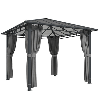 3 x 3 m Outdoor Hardtop Gazebo Canopy with PC Roof, Aluminium Permanent Pavilion Garden Gazebo with Curtains, Tan