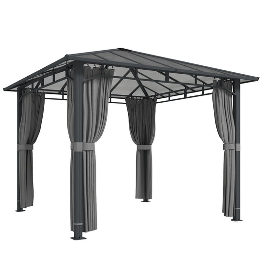 3 x 3 m Outdoor Hardtop Gazebo Canopy with PC Roof, Aluminium Permanent Pavilion Garden Gazebo with Curtains, Tan