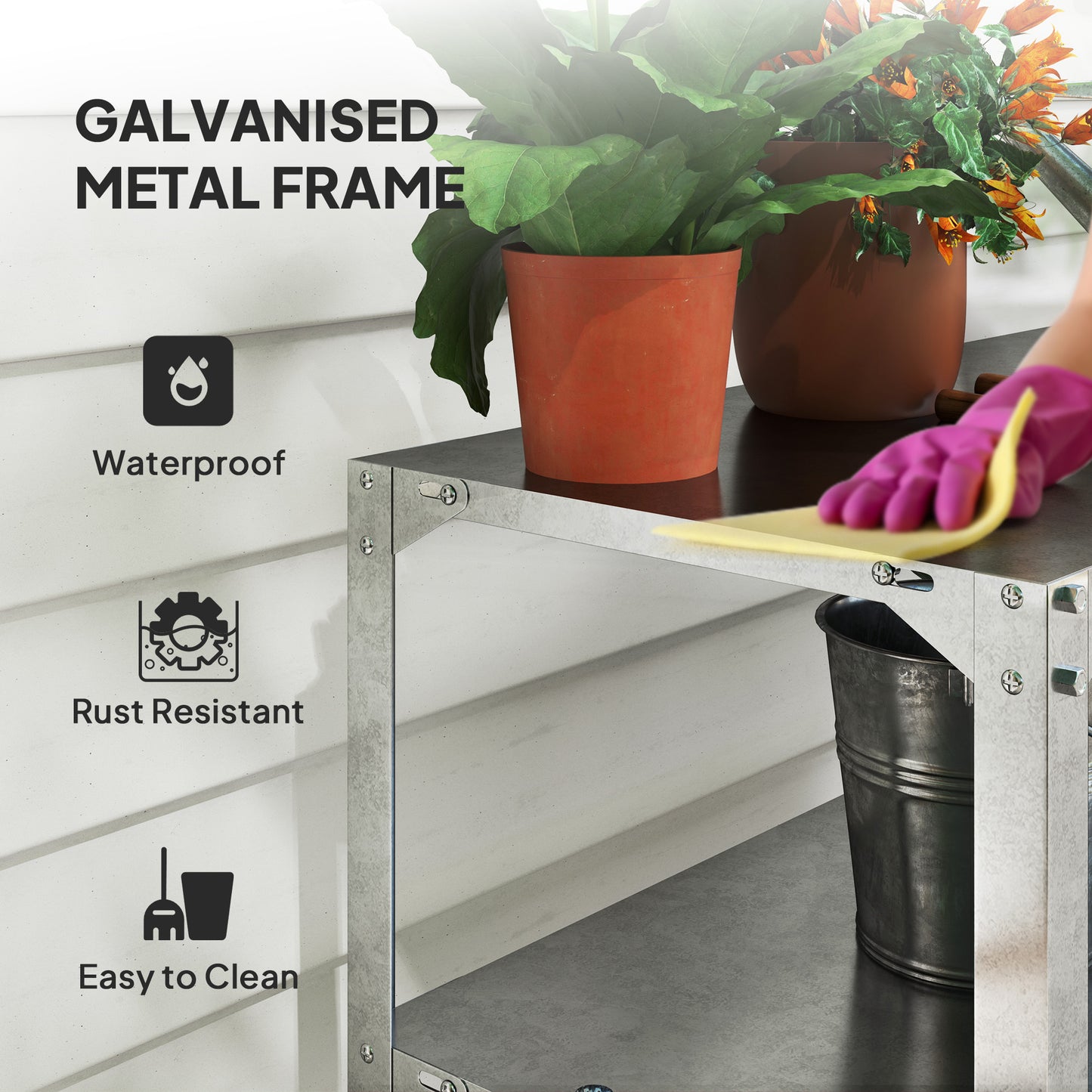 2 Tier Potting Bench Table, Galvanised Steel Garden Planting Work Bench Workstation with Storage Shelf for Outdoor, Patio