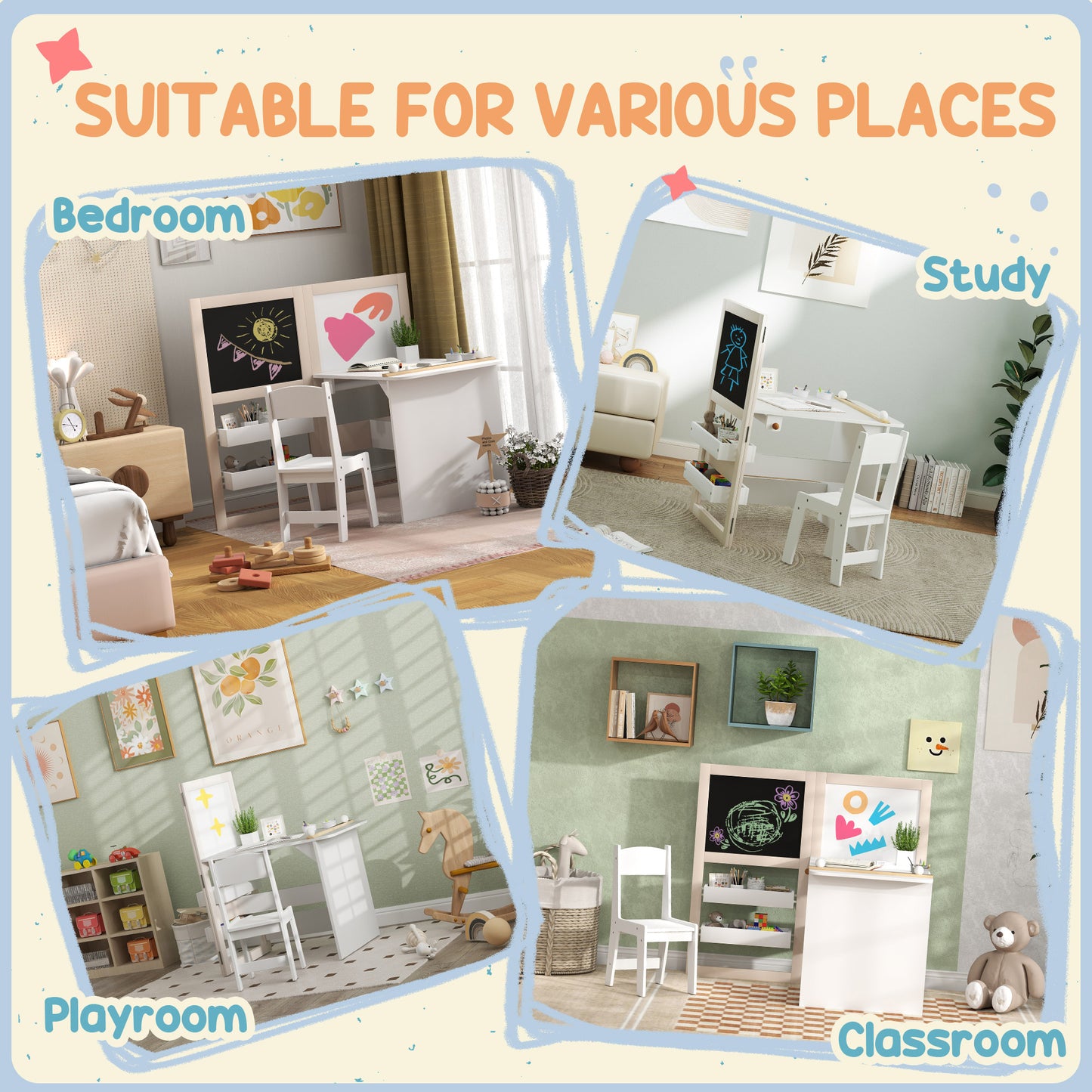 3 in 1 Kids Table and Chair Set with Storage, Whiteboard, Blackboard & Roll Paper for 3-8 Years, White