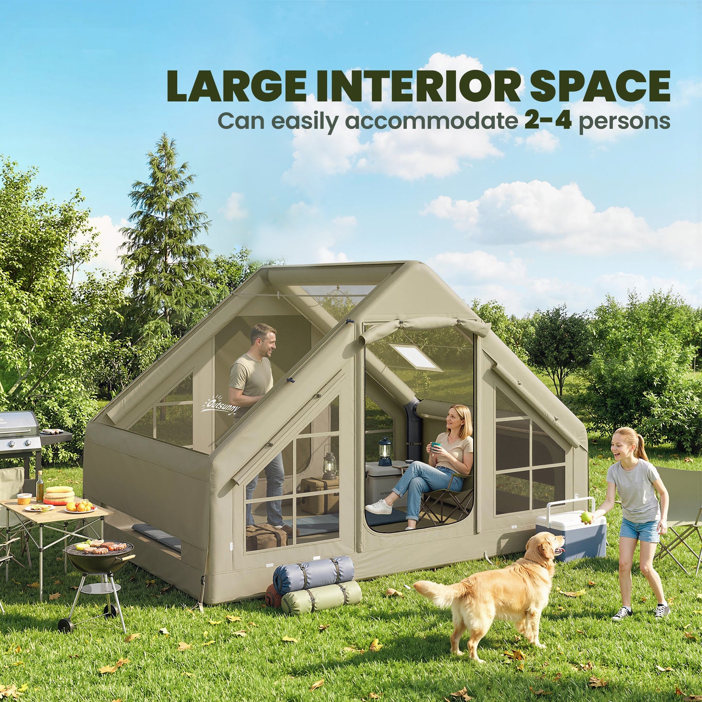 Inflatable Camping Tent with Pump and Stove Jack Hole, Luxury Inflatable Tent with Mesh Windows, Doors, Olive Green