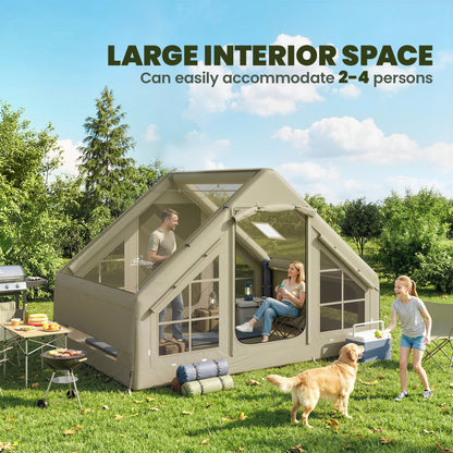 Inflatable Camping Tent with Pump and Stove Jack Hole, Luxury Inflatable Tent with Mesh Windows, Doors, Olive Green