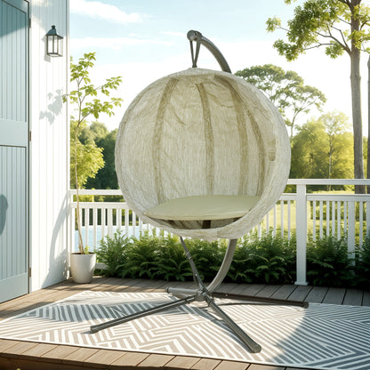 Hanging Egg Chair Outdoor Indoor Garden Swing Chair with Folding Basket, Thickened Cushion, Cup Holder for Patio, Balcony