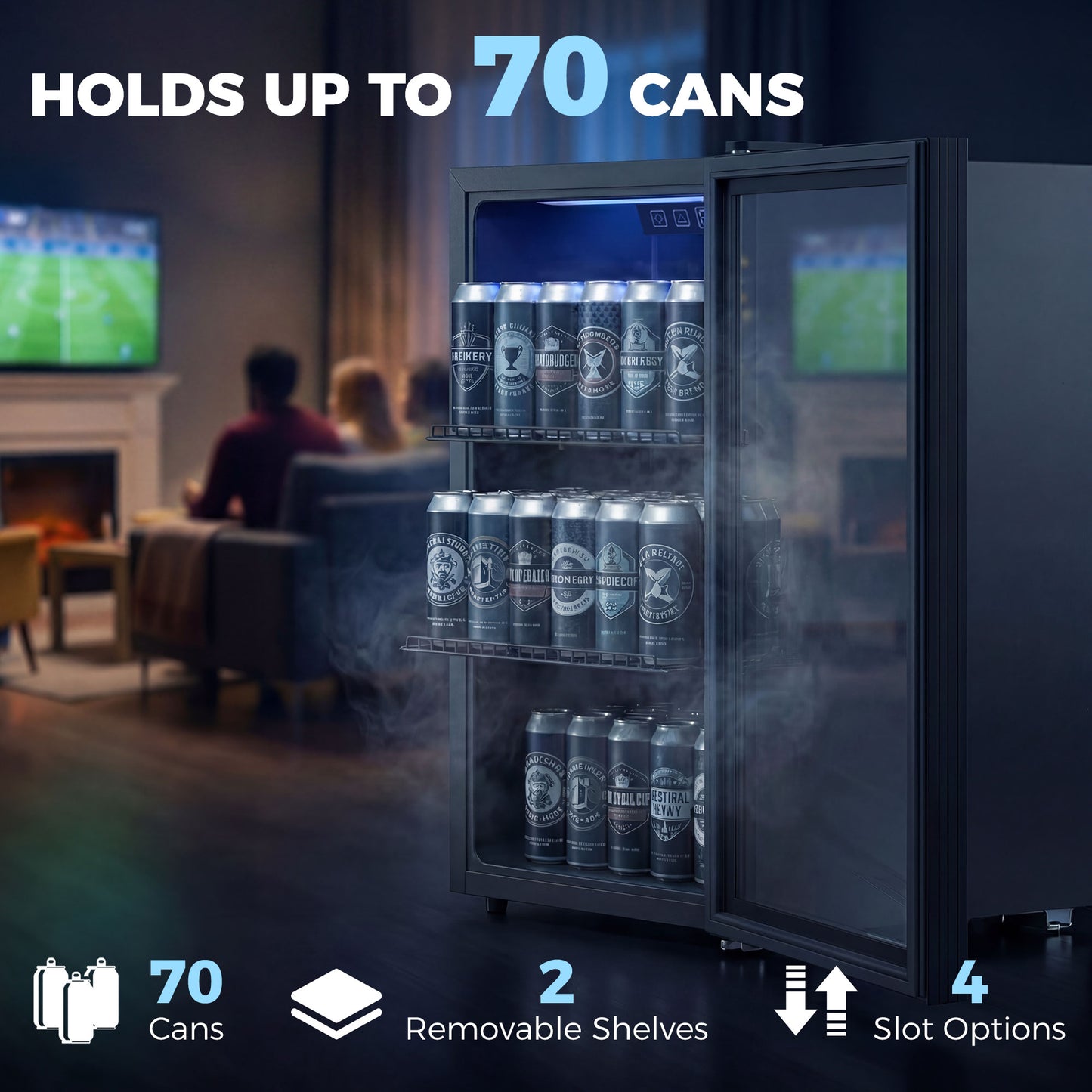 70L Drinks Fridge, 70 Can Under Counter Freestanding Beer Fridge with LED Light