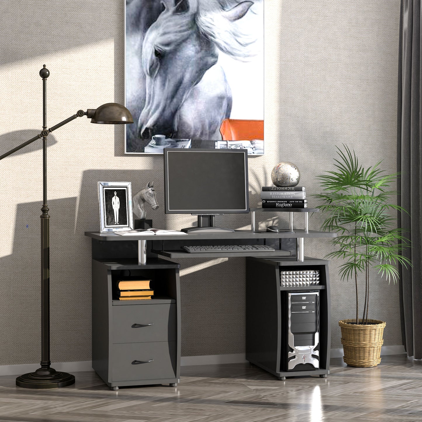 Study Desk Writing Table for Home Office, Student Workstation with Drawers, Sliding Shelf and Storage, Black