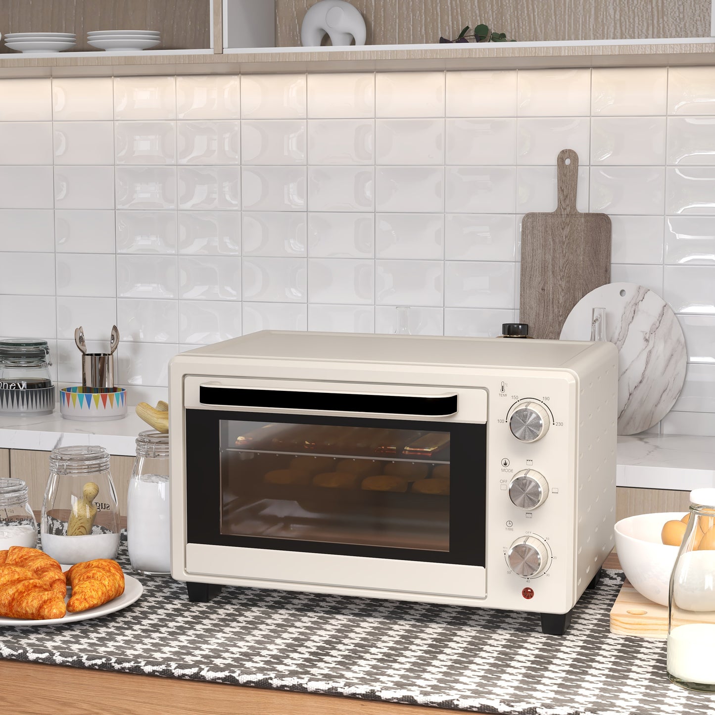 21L Mini Countertop Oven, 100°C-230°C Adjustable Temp - Cream White
